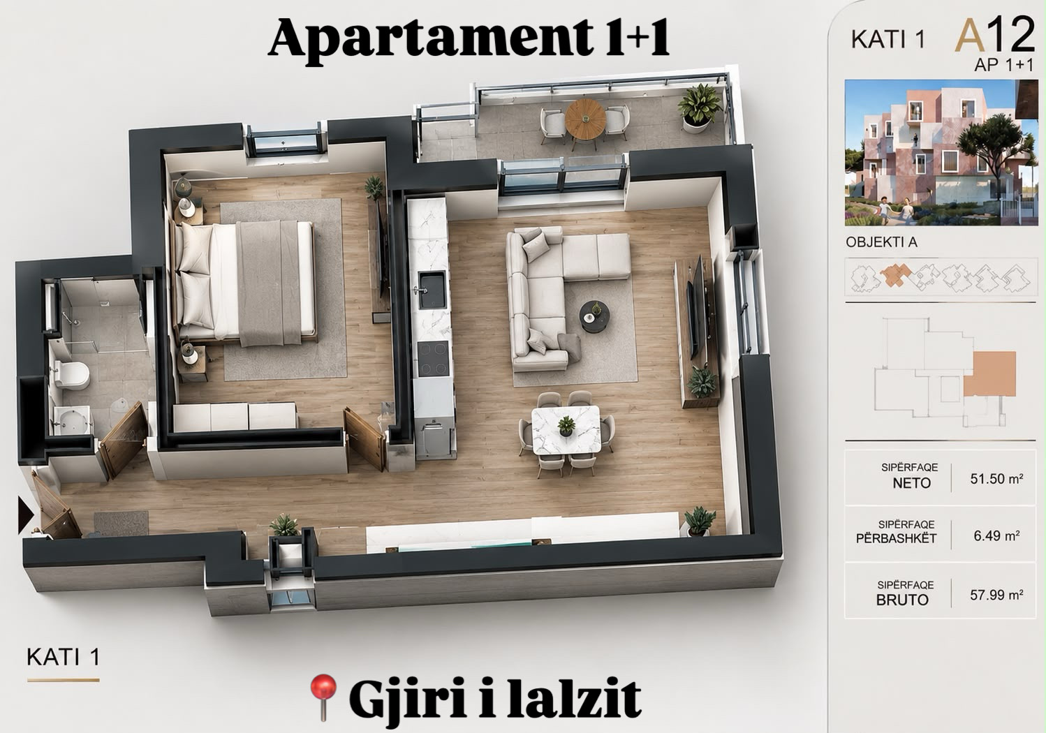 Shitet Apartament 1+1 Gjiri i Lalzit
